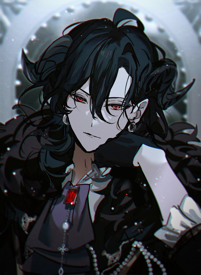 1boy, absurdres, ascot, black_ascot, black_gloves, black_hair, black_jacket, demon_boy, demon_horns, devil's_mansion_(ensemble_stars!), earrings, eichi_turnr, ensemble_stars!, fur-trimmed_jacket, fur_trim, gem, gloves, gold_earrings, head_rest, highres, horns, jacket, jewelry, male_focus, medium_hair, official_alternate_costume, pointy_ears, red_eyes, red_gem, sakuma_rei_(ensemble_stars!), solo