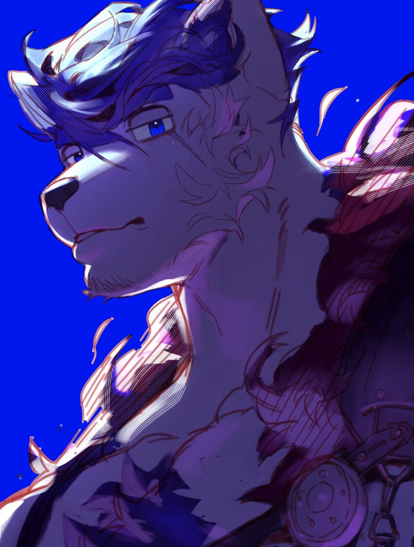 1boy, absurdres, animal_ears, bara, blue_doggo_(ttn), blue_fur, blue_hair, blue_theme