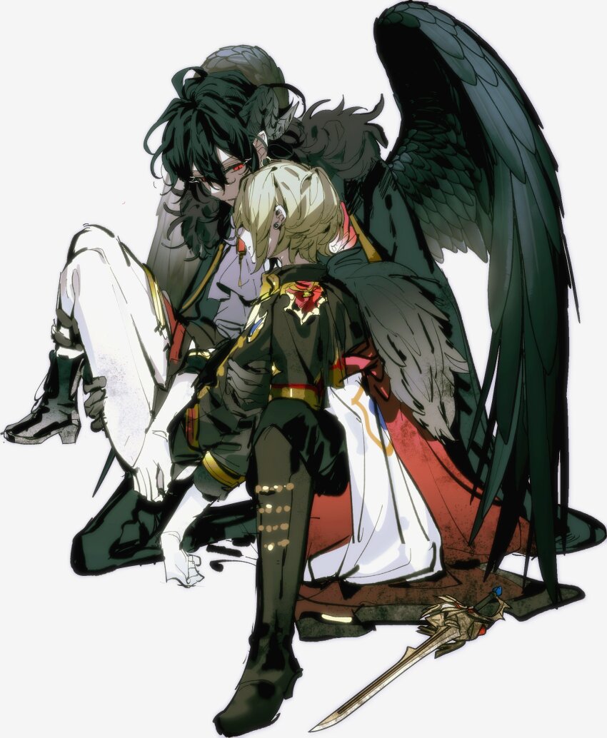 2boys, absurdres, black_hair, black_wings, blonde_hair, demon_boy, demon_horns, devil's_mansion_(ensemble_stars!)