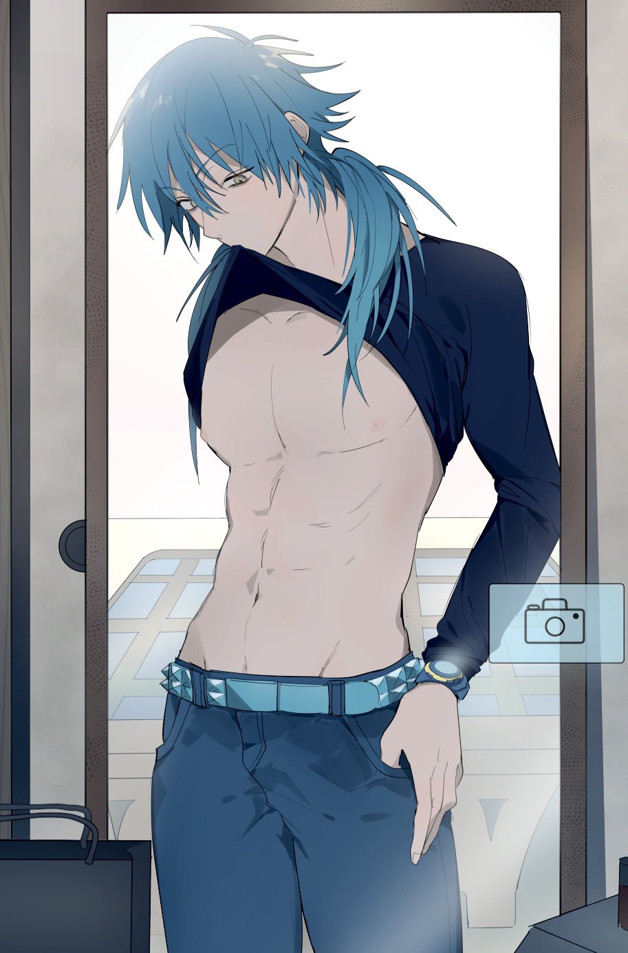 1boy, abs, belt, biting, biting_clothes, black_shirt, blue_belt, blue_hair
