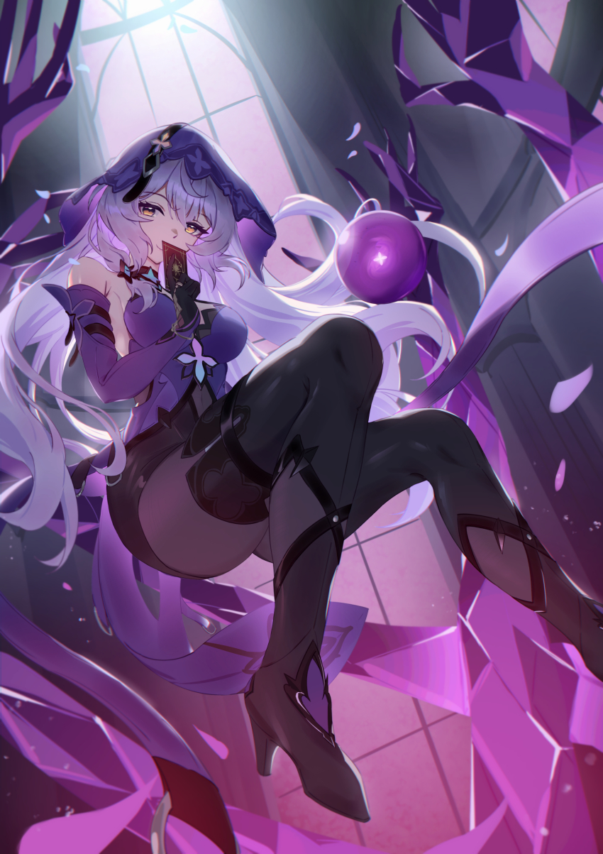 1girl, absurdres, bare_shoulders, black_boots, black_pantyhose, black_swan_(honkai:_star_rail), black_swan_(light_novel), boots, breasts, card, commentary_request, dress, elbow_gloves, floating, foot_out_of_frame, gloves, high_heel_boots, high_heels, highres, holding, holding_card, honkai:_star_rail, honkai_(series), large_breasts, long_hair, looking_at_viewer, naegi_(naegifutaba), pantyhose, purple_dress, purple_gloves, purple_hair, purple_veil, smile, solo, veil, very_long_hair, window, yellow_eyes