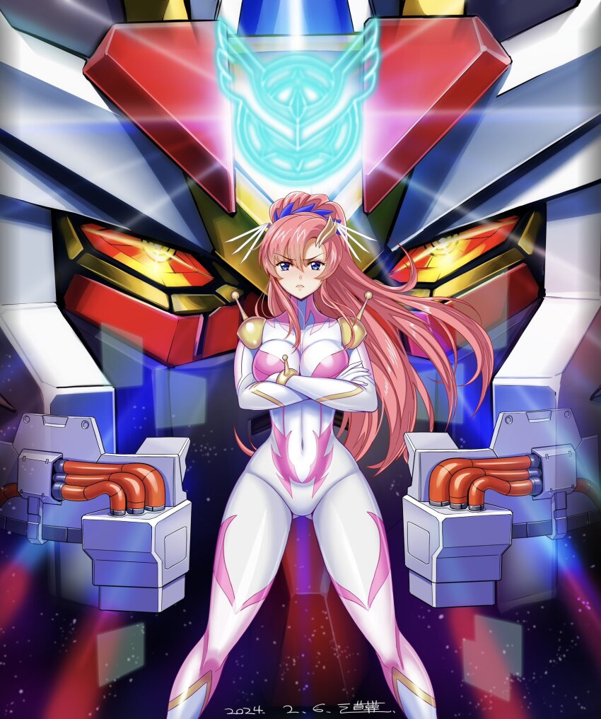 1girl, blue_eyes, bodysuit, breasts, closed_mouth, commentary_request, covered_navel, crossed_arms, dated, feet_out_of_frame, g_gundam, glowing, glowing_eyes, gluteal_fold, gunbuster_pose, gundam, gundam_seed, gundam_seed_freedom, hair_ornament, hairclip, high_ponytail, highres, impossible_bodysuit, impossible_clothes, insignia, lacus_clyne, large_breasts, legs_apart, long_hair, looking_at_viewer, mecha, mecha_pilot_suit, michi_kuso, mighty_strike_freedom_gundam, mobile_suit, mobile_trace_suit, multicolored_bodysuit, pink_bodysuit, pink_hair, ponytail, robot, science_fiction, shiny_clothes, skin_tight, standing, strike_freedom_gundam, top_wo_nerae!, top_wo_nerae!_(series), two-tone_bodysuit, v-fin, v-shaped_eyebrows, very_long_hair, white_bodysuit, yellow_eyes
