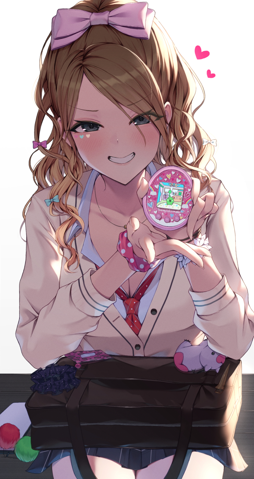 10_(user_cwuu4848), absurdres, blush, bow, bracelet, breasts, brown_hair, cardigan, cleavage, collarbone, facepaint, gyaru, h_(letter), hair_bow, heart, highres, holding, idolmaster, idolmaster_shiny_colors, izumi_mei, jewelry, kogal, looking_at_viewer, open_collar, school_uniform, simple_background, smile, tamagotchi, tamagotchi_(virtual_pet), tamagotchi_meets, virtual_pet_(toy), wavy_hair, white_background, yellow_cardigan