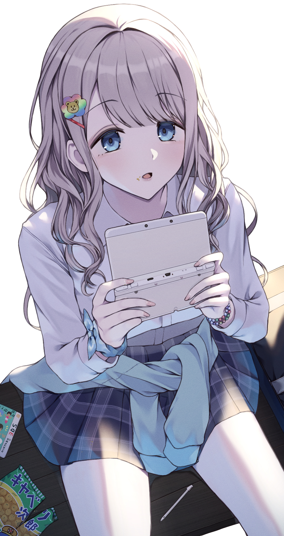 10_(user_cwuu4848), 1girl, :o, blue_eyes, blue_skirt, blush, bracelet, cardigan