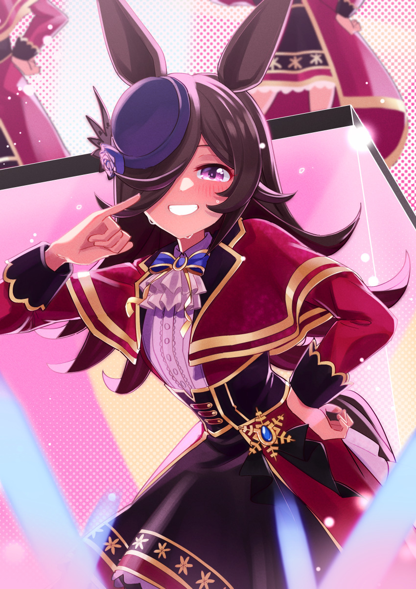 1girl, absurdres, alternate_costume, animal_ears, black_hair, blush, breasts, commentary_request, dress, freely2327, grin, hair_over_one_eye, hat, highres, horse_ears, horse_girl, horse_tail, long_hair, looking_at_viewer, notes_of_grandeur_(umamusume), pointing, pointing_at_self, purple_eyes, rice_shower_(umamusume), small_breasts, smile, solo, stage, sweat, tail, umamusume