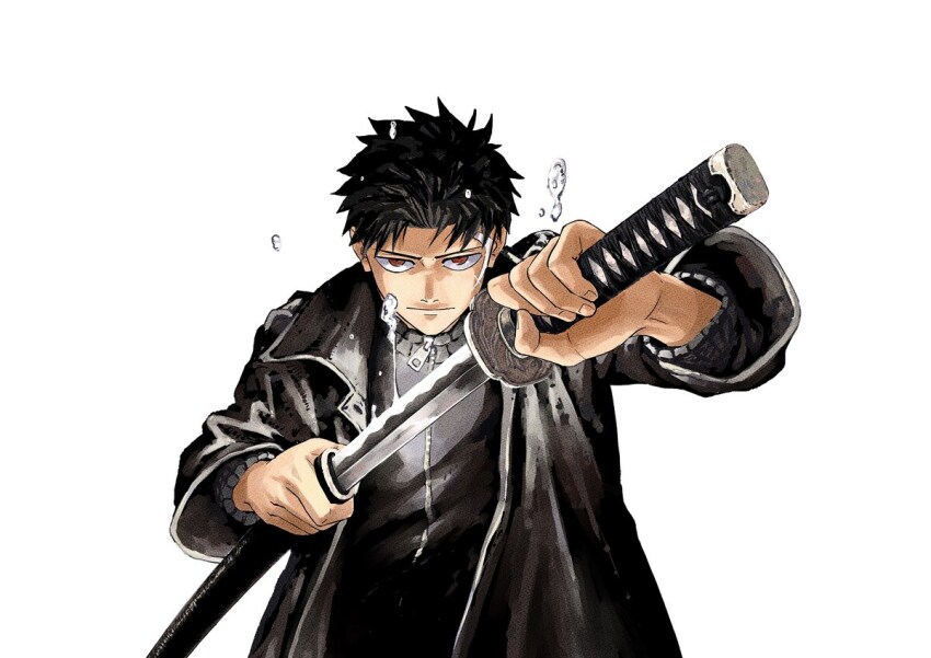 1boy, black_hair, black_jacket, black_sweater, expressionless, hokazono_takeru, holding, holding_sword, holding_weapon, jacket, kagurabachi, kagurabachi_pose_(meme), katana, looking_at_viewer, male_focus, meme, official_art, red_eyes, rokuhira_chihiro, sheath, simple_background, solo, sweater, sword, unsheathing, upper_body, v-shaped_eyebrows, weapon, white_background
