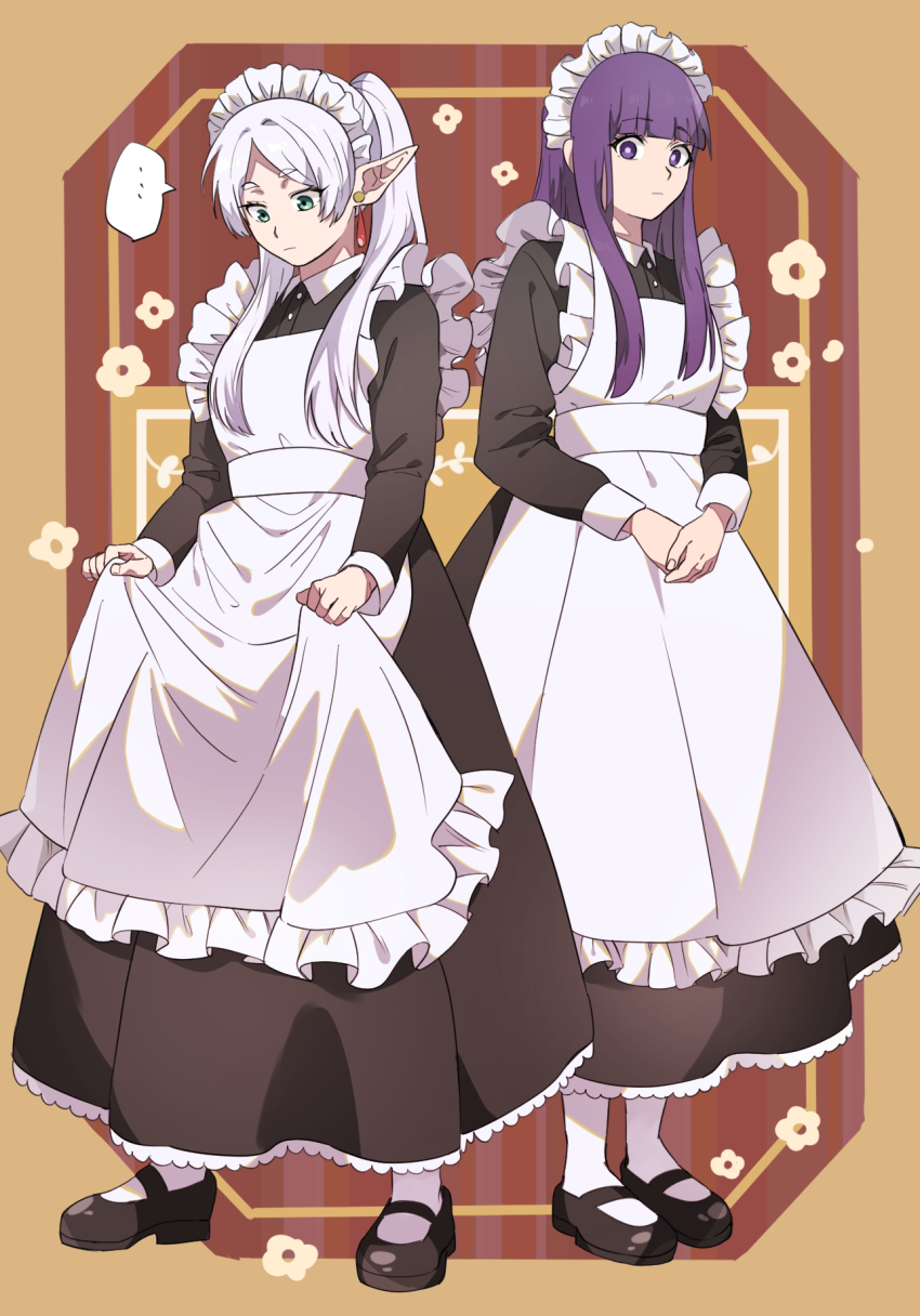 ..., 2girls, alternate_costume, apron, aqua_eyes, black_dress, black_footwear, blunt_bangs, collared_dress, dress, earrings, elf, enmaided, fern_(sousou_no_frieren), flower, frieren, frilled_apron, frills, full_body, hair_over_shoulder, highres, holding_own_dress, jewelry, long_hair, long_sleeves, looking_at_viewer, looking_down, maid, maid_apron, maid_headdress, mary_janes, multiple_girls, outside_border, own_hands_together, pantyhose, parted_bangs, pointy_ears, poteke, purple_eyes, purple_hair, red_background, shoes, sidelocks, sousou_no_frieren, spoken_ellipsis, standing, twintails, white_apron, white_hair, white_pantyhose