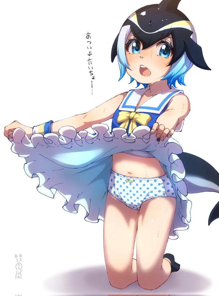 1girl, black_hair, blue_eyes, blue_hair, bow, bowtie, cetacean_tail, common_dolphin_(kemono_friends), dolphin_girl, dress, fins, fish_tail, head_fins, highres, kemono_friends, kemono_friends_3, looking_at_viewer, multicolored_hair, navel, nuruniku, panties, sailor_dress, shoes, short_hair, simple_background, sleeveless, solo, tail, two-tone_hair, underwear, wristband
