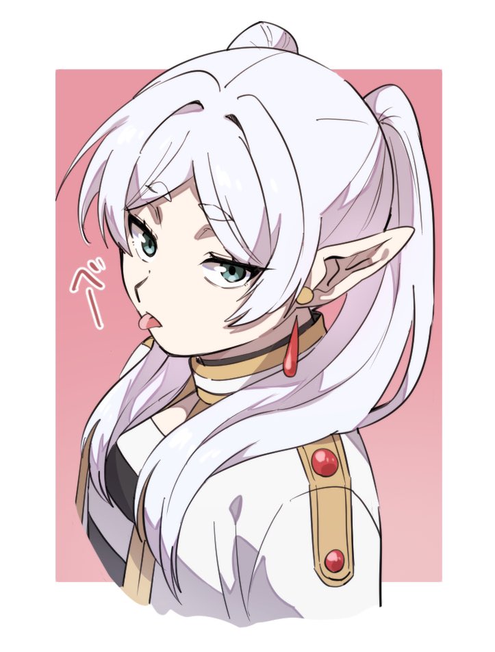 1girl, :p, capelet, cropped_torso, earrings, elf, frieren, from_side