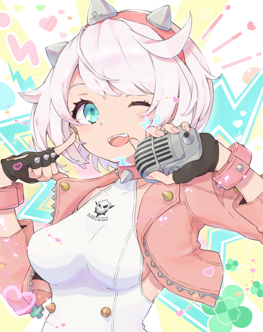 1girl, absurdres, ahoge, aqua_eyes, bob_cut, bracelet, breasts, clover