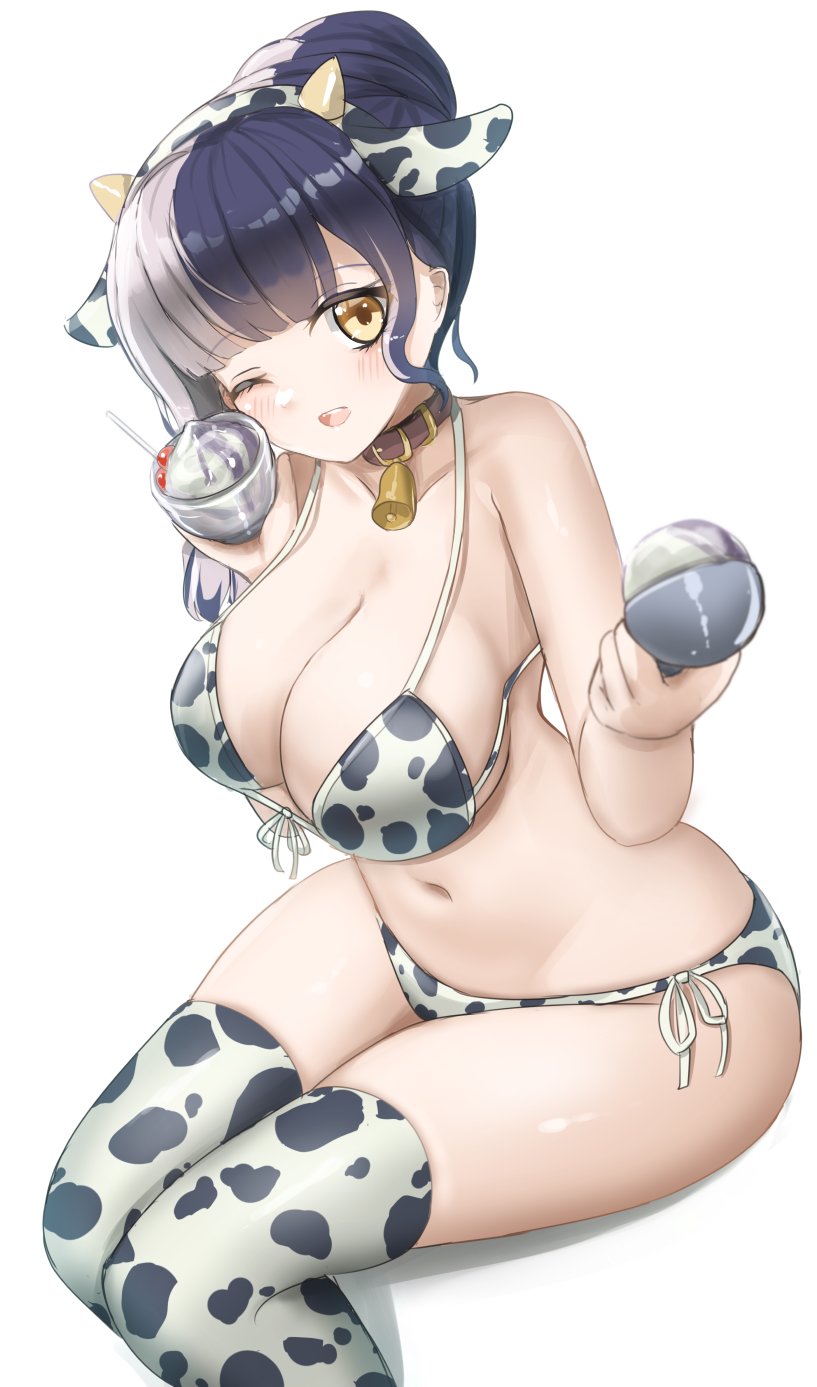 1girl, animal_ears, animal_print, bell, bikini, black_hair, breasts, cleavage