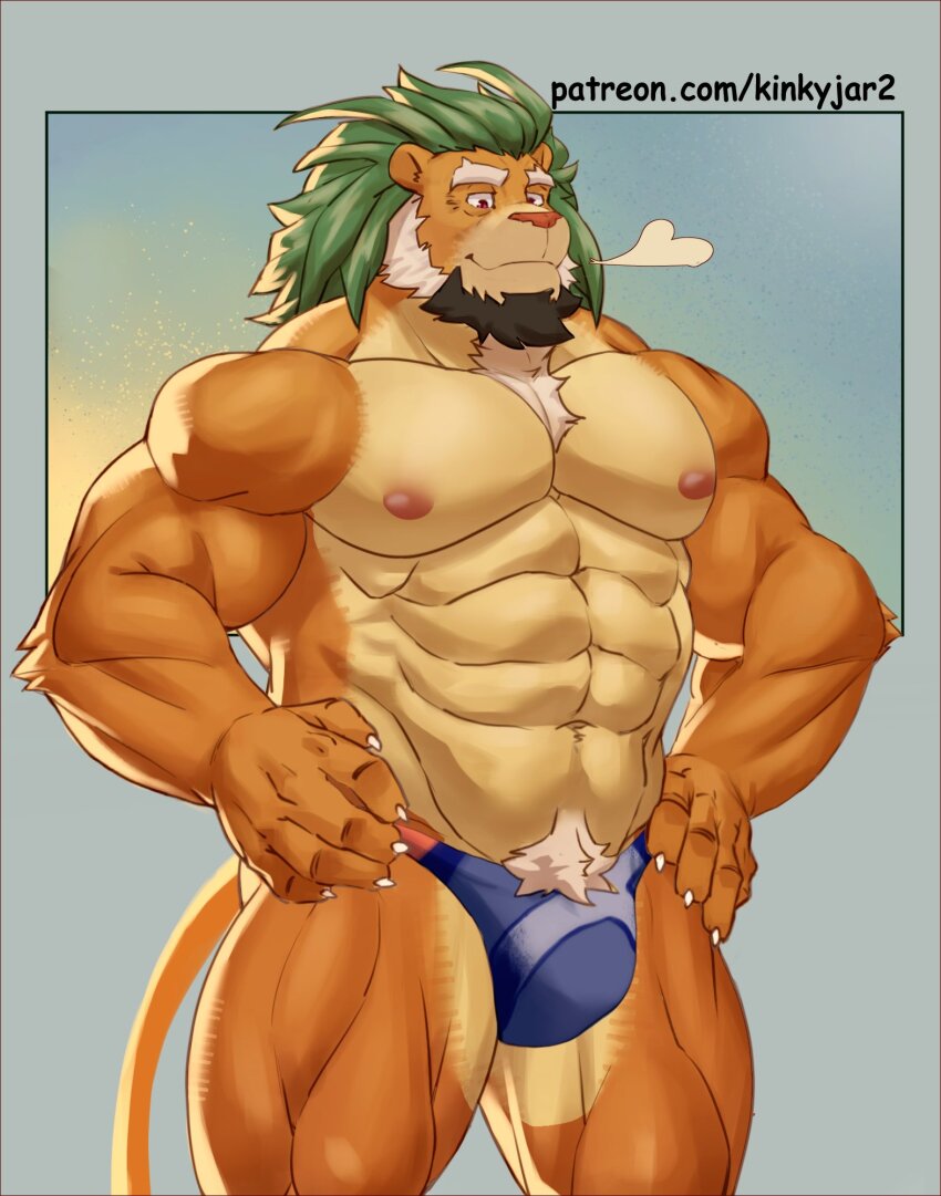 1boy, abs, animal_ears, arsalan_(housamo), bara, beard, blue_male_swimwear, breath