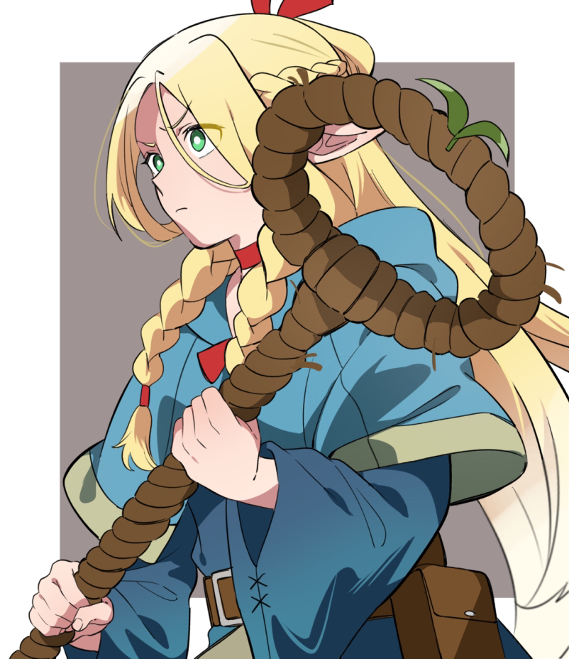 1girl, belt, belt_pouch, blonde_hair, blue_capelet, blue_robe, braid, brown_belt, capelet, choker, commentary, dungeon_meshi, elf, green_eyes, holding, holding_staff, long_hair, marcille_donato, multiple_braids, pointy_ears, poteke, pouch, red_choker, robe, solo, staff