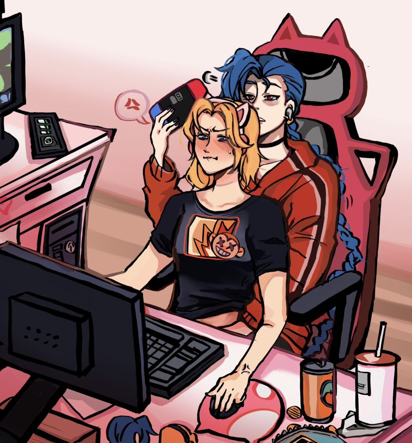 2girls, animal_ears, blonde_hair, blue_eyes, blue_hair, blush, braid, cat_ears