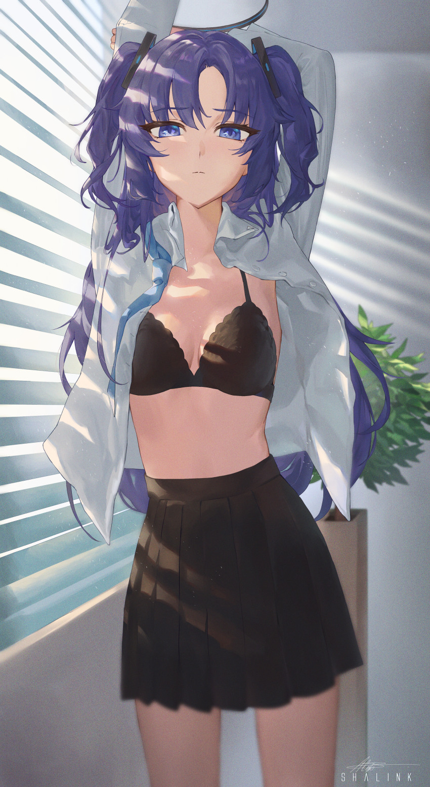 1girl, absurdres, arms_behind_head, arms_up, artist_name, black_bra, black_halo, black_skin, blue_archive, blue_necktie, bra, breasts, closed_mouth, collared_shirt, colored_skin, commentary_request, cowboy_shot, day, dress, dress_shirt, hair_ornament, halo, highres, indoors, long_hair, long_sleeves, looking_at_viewer, mechanical_halo, medium_breasts, necktie, open_clothes, open_shirt, plant, pleated_dress, potted_plant, purple_eyes, purple_hair, shalink, shirt, signature, solo, standing, sunlight, two_side_up, underwear, undone_necktie, very_long_hair, white_shirt, window_blinds, yuuka_(blue_archive)