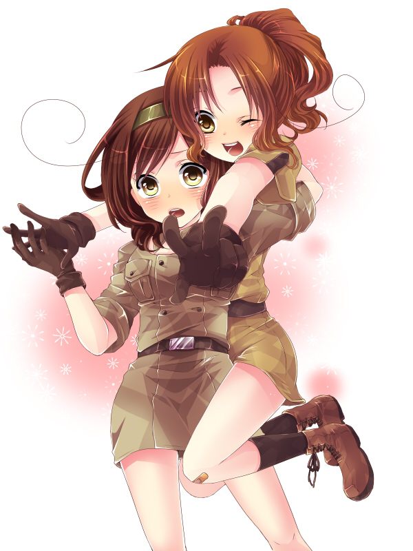 2girls, axis_powers_hetalia, bad_id, bad_pixiv_id, bandaid, blush, brown_hair, genderswap, genderswap_(mtf), gloves, hairband, hug, multiple_girls, northern_italy_(female)_(hetalia), northern_italy_(hetalia), one_eye_closed, ponytail, siblings, siempre, sisters, skirt, southern_italy_(female)_(hetalia), southern_italy_(hetalia), v, wink, yellow_eyes