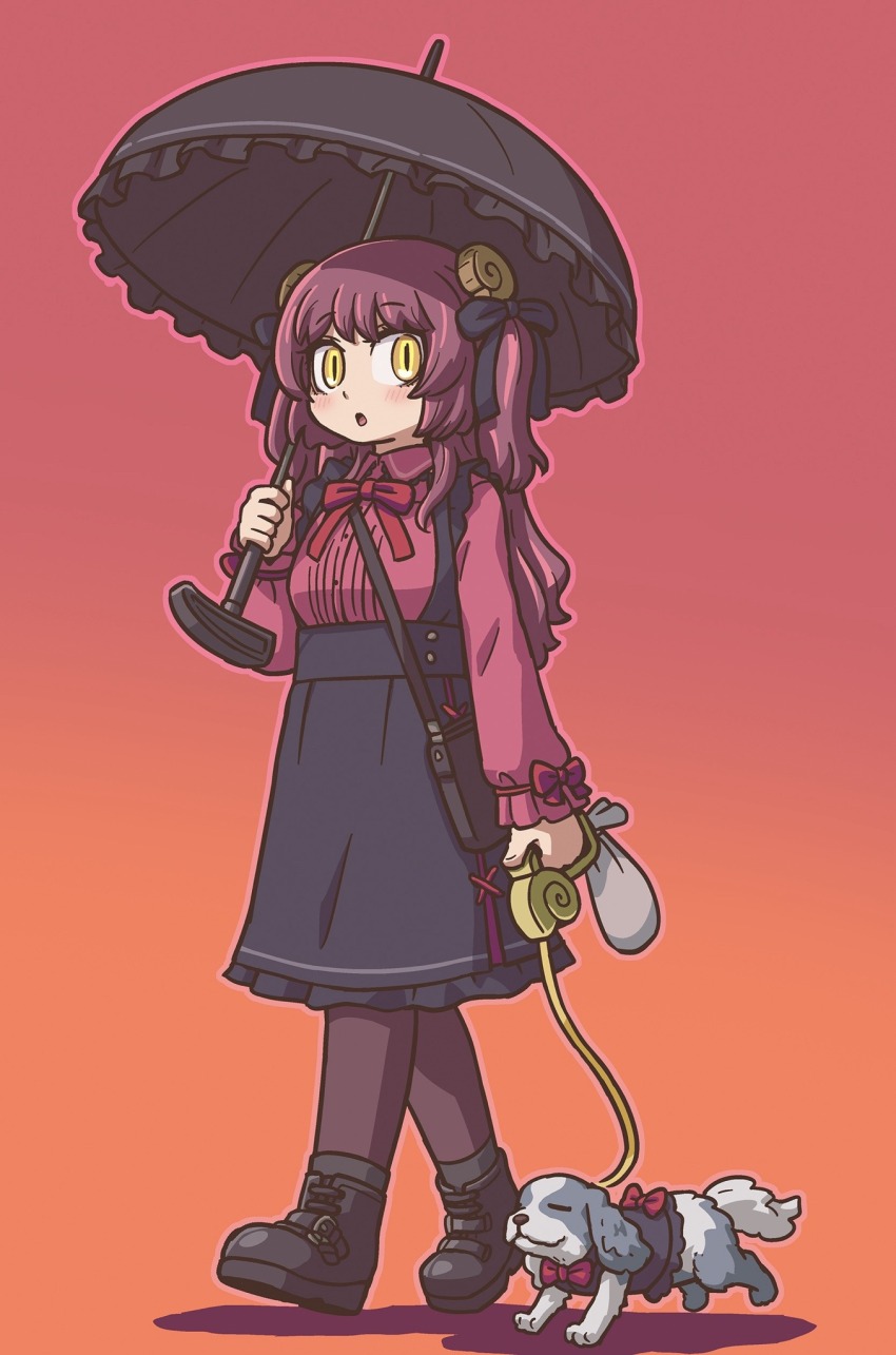 blush, breasts, brown_hair, dog, fate/grand_order, fate_(series), fossil, fossil_hair_ornament, goth_fashion, gothic_lolita, highres, large_breasts, learning_with_manga!_fgo, lolita_fashion, long_braid, looking_at_viewer, mary_anning_(fate), official_art, riyo_(lyomsnpmp), slit_pupils, spaniel_(dog), walking, yellow_eyes