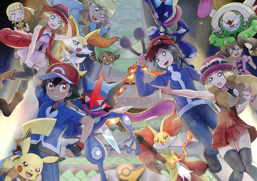 3boys, 4girls, absurdres, animal_ears, ash-greninja, ash_ketchum, bare_arms, baseball_cap