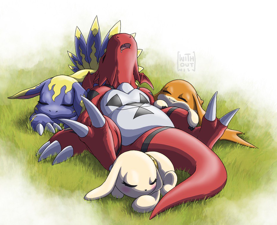 animal_focus, digimon, digimon_(creature), digital_hazard, elecmon_(violet), four_great_dragons, grass, guilmon