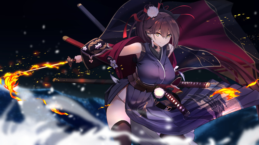 1girl, azur_lane, black_kimono, breasts, brown_hair, brown_thighhighs, fire, flaming_sword