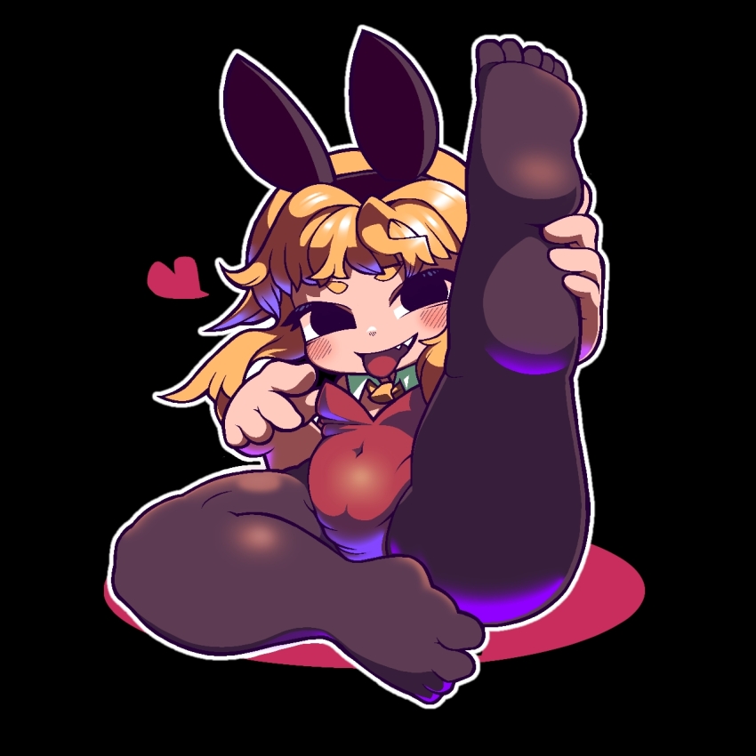1girl, alternate_costume, animal_ears, black_background, black_eyes, black_hairband, black_pantyhose, blonde_hair, blush, commentary_request, cookie_(touhou), covered_navel, detached_collar, empty_eyes, fake_animal_ears, fang, full_body, gogogo_(cookie), hairband, heart, highres, kirisame_marisa, leg_up, leotard, looking_at_viewer, open_mouth, pantyhose, playboy_bunny, rabbit_ears, red_leotard, simple_background, sitting, smile, soles, solo, strapless, strapless_leotard, thick_eyebrows, toes, tonchamon_san, tongue, tongue_out, touhou, wing_collar