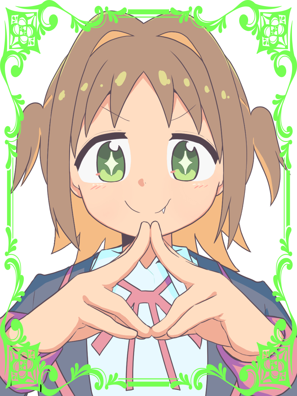 +_+, 1girl, black_jacket, border, brown_hair, colored_inner_hair, commentary, diamond_(shape)