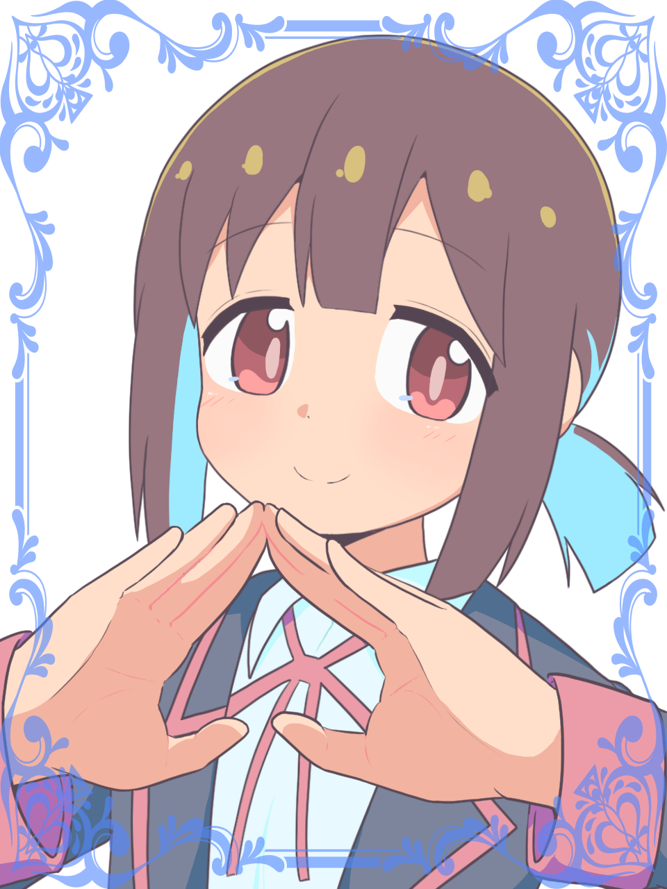 1girl, black_jacket, blue_hair, blunt_bangs, border, brown_eyes, brown_hair, commentary