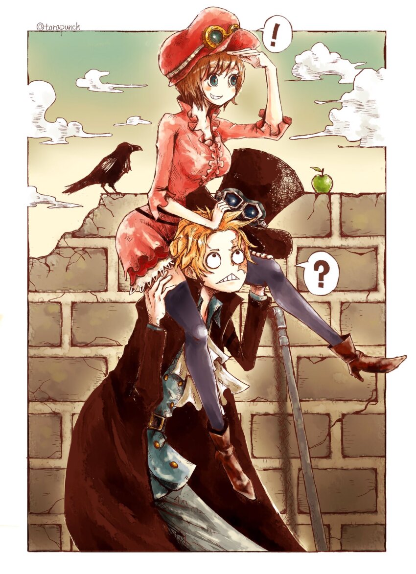 !, 1boy, 1girl, ?, apple, ascot, bird, blonde_hair