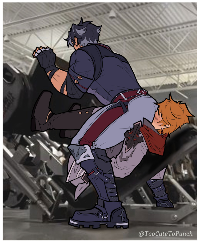 2boys, ass, bara, black_gloves, black_hair, black_jacket, blush, boots, earrings, fingerless_gloves, fitness_gym, genshin_impact, gloves, grey_hair, grey_jacket, grey_pants, highres, jacket, jewelry, leg_press_machine, male_focus, meme, multicolored_hair, multiple_boys, muscular, muscular_male, orange_hair, pants, short_hair, sitting, sitting_on_face, sitting_on_person, squatting, tartaglia_(genshin_impact), toocutetopunch, twitter_username, two-tone_hair, wriothesley_(genshin_impact), yaoi