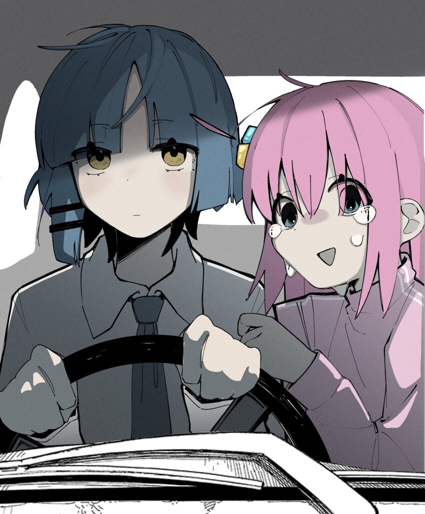 2girls, absurdres, blue_hair, blush, bocchi_the_rock!, brown_eyes, car_interior, chainsaw_man
