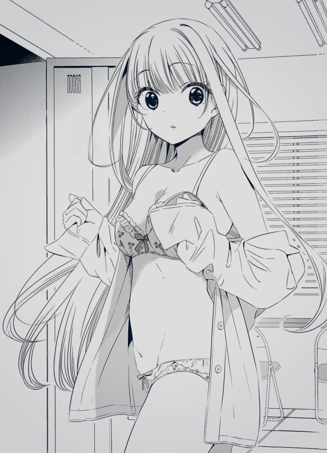 1girl, blonde_hair, bra, cherry_bra, cherry_panties, cherry_print, food_print, fruit_print