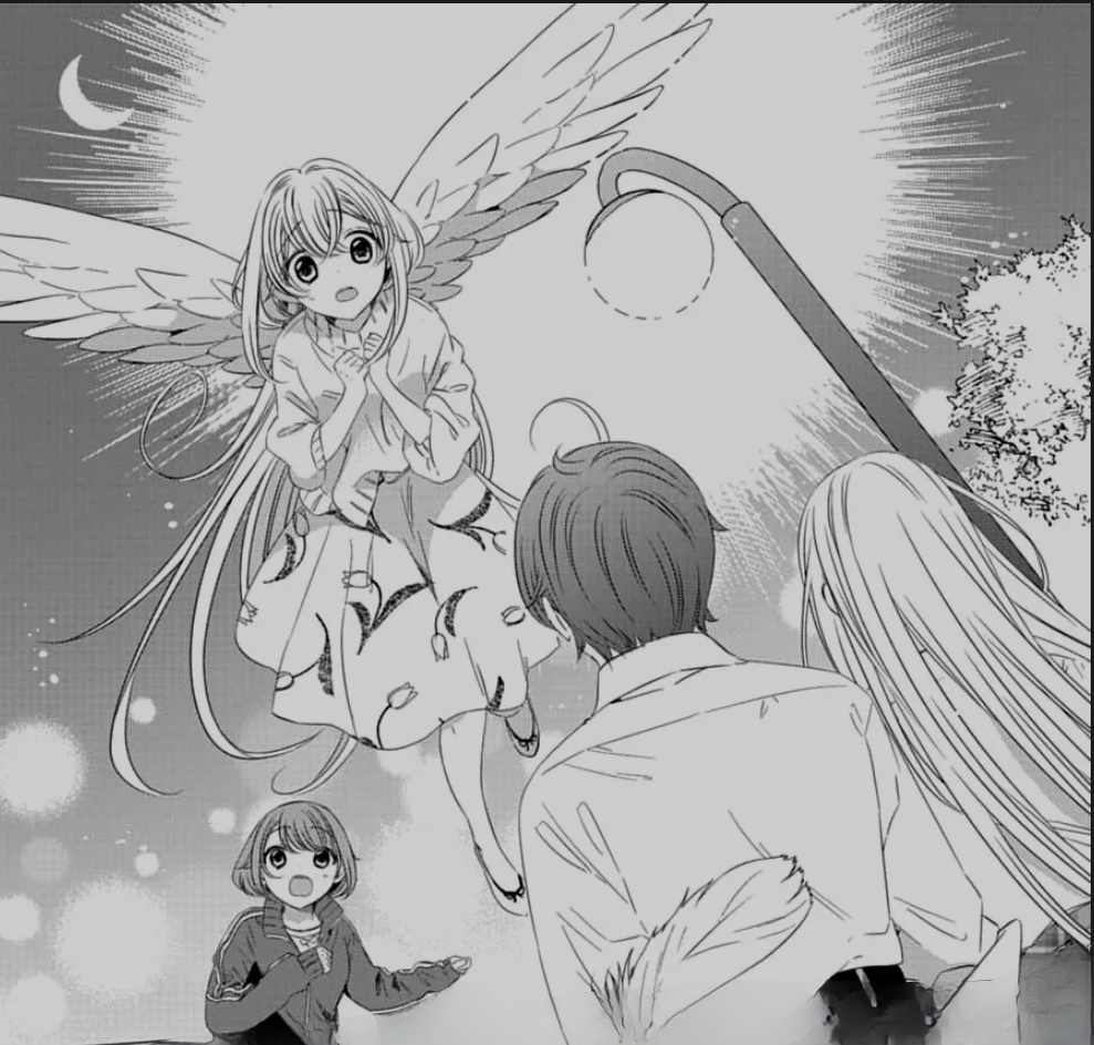 1boy, 2girls, angel_wings, blonde_hair, blue_eyes, blue_hair, brown_hair, dress