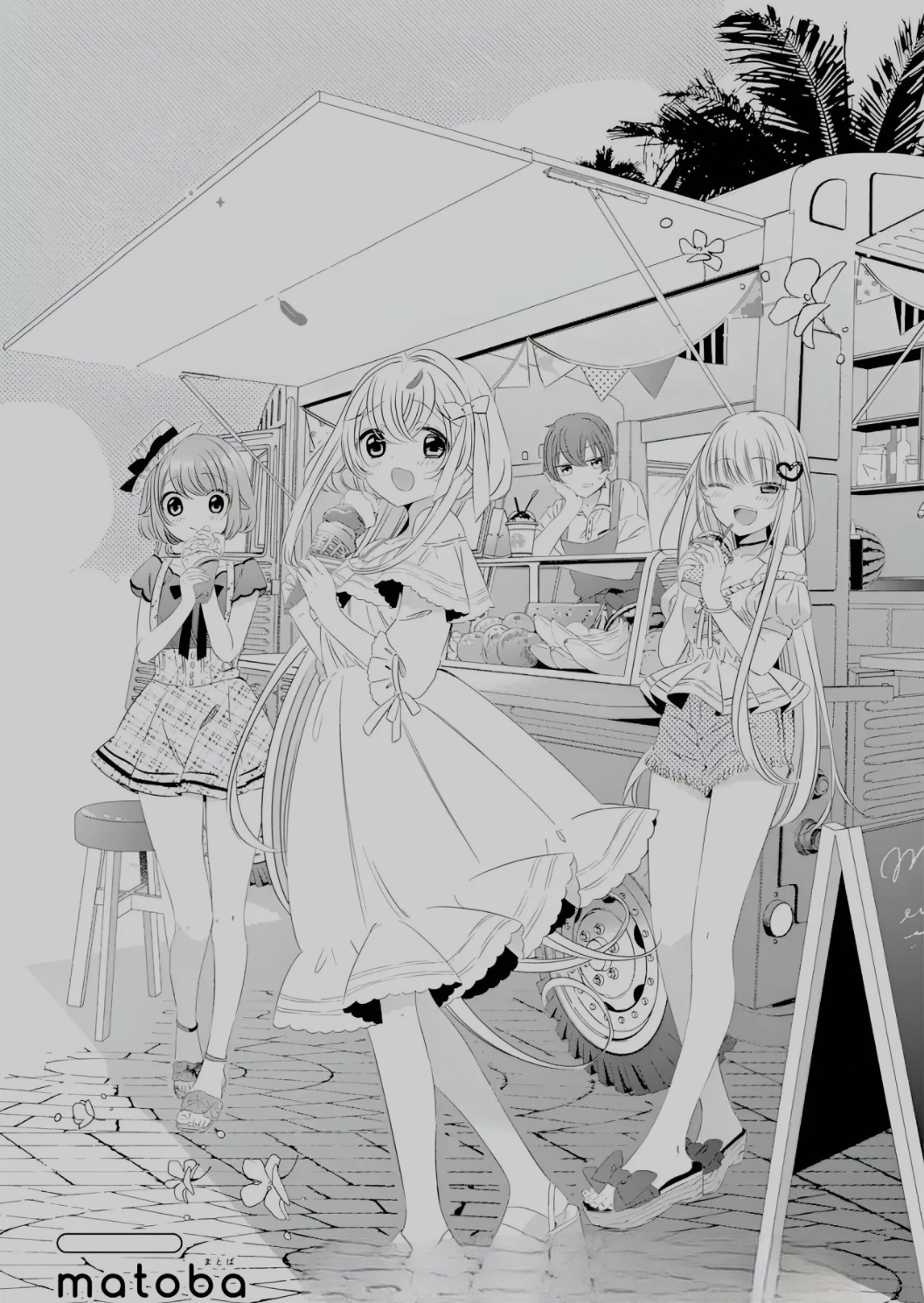 1boy, 3girls, blonde_hair, blue_eyes, blue_hair, brown_hair, dress, green_eyes