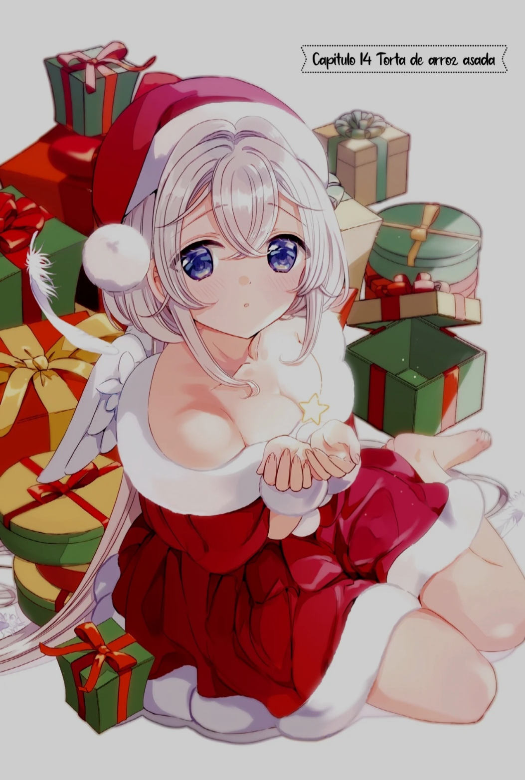 1girl, blue_eyes, blush, box, closed_mouth, dress, gift, gift_box, hands_up, hat, highres, long_hair, looking_at_viewer, matoba, official_art, one_room_hiatari_futsuu_tenshi-tsuki, santa_costume, santa_dress, santa_hat, simple_background, sitting, towa_(tenshitsuki), white_background, white_hair