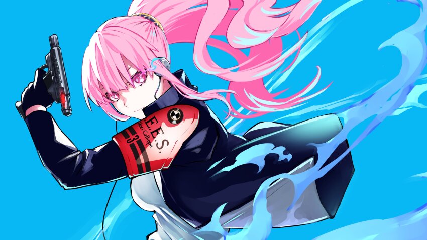 1girl, absurdres, armband, black_gloves, blunt_bangs, breasts, collared_shirt, cosplay