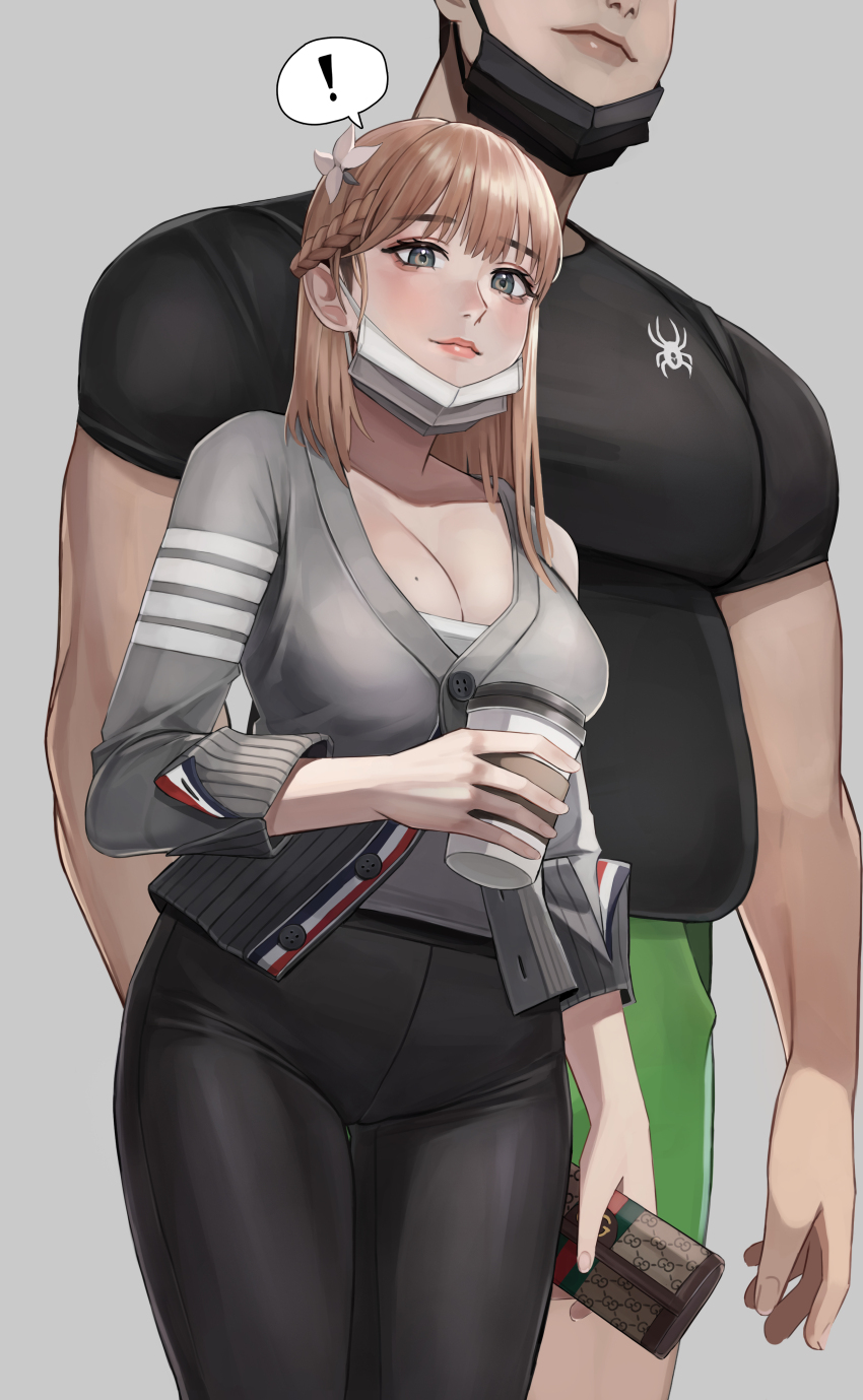 !, 1boy, 1girl, absurdres, bag, black_pants, black_shirt, blonde_hair