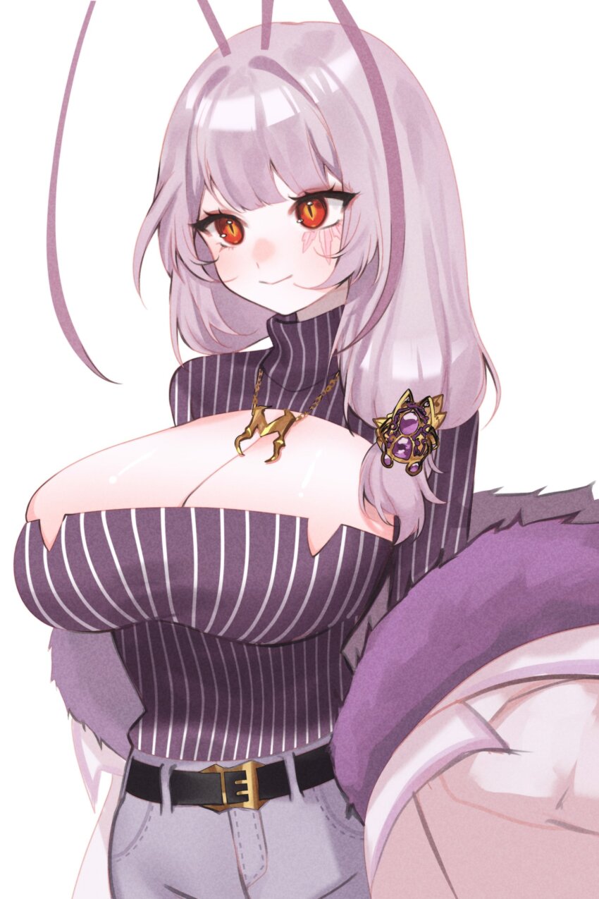 1girl, absurdres, antennae, arthropod_girl, belt, belt_buckle, black_belt, blunt_bangs