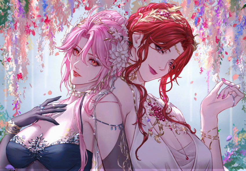 2024, 2girls, armpit_crease, back-to-back, bare_shoulders, black_tube_top, blue_gem, bracelet, breasts, cabernet_(path_to_nowhere), chinese_commentary, circlet, cleavage, collarbone, commentary, countess_chelsea_(path_to_nowhere), detached_sleeves, dress, eyeliner, flower, gem, glitter_makeup, gold_bracelet, hair_bun, hair_flower, hair_ornament, highres, jewelry, large_breasts, laurel_crown, linceyang, looking_at_viewer, makeup, medium_breasts, mole, mole_under_mouth, multiple_girls, nail_polish, official_alternate_costume, parted_bangs, path_to_nowhere, pink_gem, pink_hair, pink_lips, pink_nails, purple_eyeliner, purple_eyes, red_eyes, red_hair, red_lips, ring, signature, sleeveless, sleeveless_dress, slit_pupils, strapless, tube_top, updo, upper_body, white_dress, white_flower, wisteria, yuri