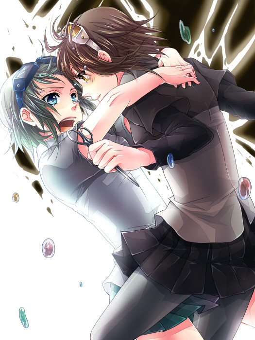 2girls, alternate_color, aqua_eyes, aqua_hair, bad_id, bad_pixiv_id, brown_eyes, brown_hair