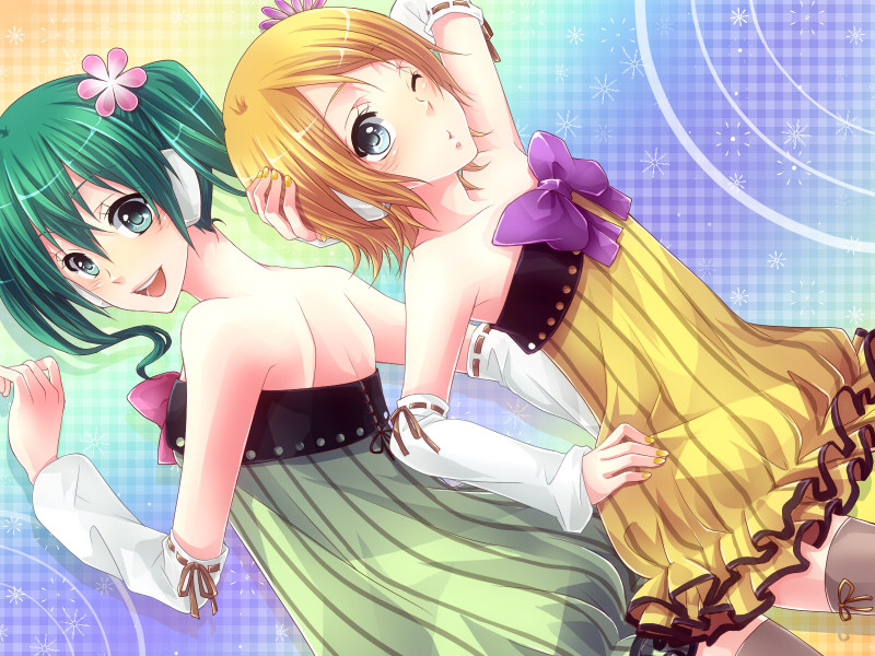 2girls, arm_up, arm_warmers, bad_id, bad_pixiv_id, blush, bow, colorful_x_melody_(vocaloid)