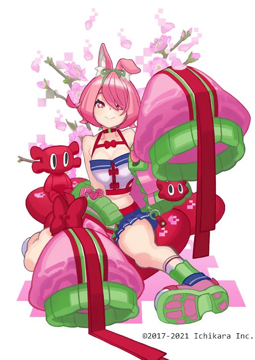 1girl, animal_ear_fluff, animal_ears, arm_up, azuchi_momo, azuchi_momo_(1st_costume), bare_shoulders, blue_shorts, bow, breasts, choker, cleavage, closed_mouth, copyright_name, crop_top, english_text, flower, green_ribbon, hair_ribbon, jacket, large_breasts, long_sleeves, looking_at_viewer, multicolored_jacket, nijisanji, off_shoulder, official_art, open_clothes, open_jacket, oversized_clothes, pink_eyes, pink_hair, pink_jacket, pink_shoes, rabbit_ears, red_bow, red_choker, ribbon, shirt, shoes, short_hair, short_shorts, shorts, simple_background, sitting, sleeveless, sleeves_past_fingers, sleeves_past_wrists, smile, sneakers, socks, solo, swept_bangs, tree, virtual_youtuber, white_background, white_shirt, white_socks, yuuki_(irodo_rhythm)