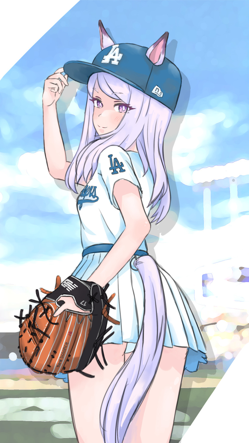 1girl, absurdres, adapted_costume, animal_ears, ass, baseball_cap, baseball_glove, blue_hat