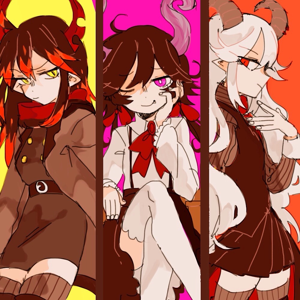 3girls, black_hair, column_lineup, demon_girl, demon_horns, formal_clothes, funamusea, genderswap