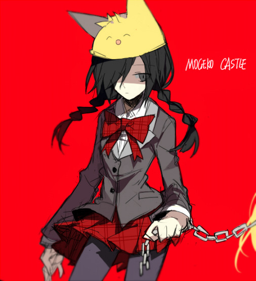 2girls, animal_hat, black_hair, black_pantyhose, black_thighhighs, blonde_hair, bow, braid, brown_jacket, chain, chain_leash, copyright_name, funamusea, hat, jacket, kurai_yonaka, leash, lord_prosciutto, moge-ko, mogeko_castle, multiple_girls, nuuunuuu, pantyhose, plaid_bow, plaid_clothes, plaid_skirt, pleated_skirt, red_bow, red_skirt, school_uniform, skirt, solo_focus, thighhighs, twin_braids