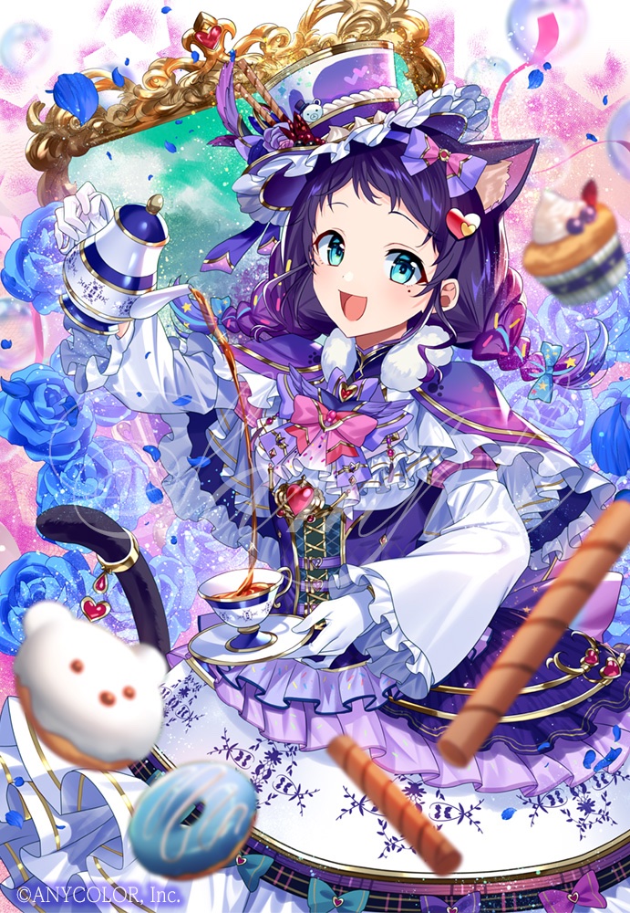 1girl, :d, aiba_uiha, aiba_uiha_(4th_costume), alternate_costume, animal_ear_fluff, animal_ears, balloon, black_hair, blue_bow, blue_eyes, blue_flower, blue_petals, blue_rose, blush, bow, bowtie, braid, capelet, cat_ears, cookie, copyright_name, corset, cup, cupcake, cursive, dessert, donut, dress, falling_petals, flower, food, frilled_capelet, frilled_shirt, frilled_skirt, frills, fur-trimmed_capelet, fur_trim, gloves, hair_ornament, hat, heart, heart_hair_ornament, holding, layered_skirt, liquid, long_hair, long_sleeves, looking_at_viewer, mini_hat, mirror, mole, mole_under_eye, murakami_yuichi, nijisanji, official_alternate_costume, official_art, open_mouth, petals, pink_bow, pink_bowtie, pouring, purple_bow, purple_dress, purple_skirt, rose, sample_watermark, shirt, skirt, smile, solo, streamers, tea, teacup, teapot, twin_braids, underbust, virtual_youtuber, watermark, white_gloves, white_shirt