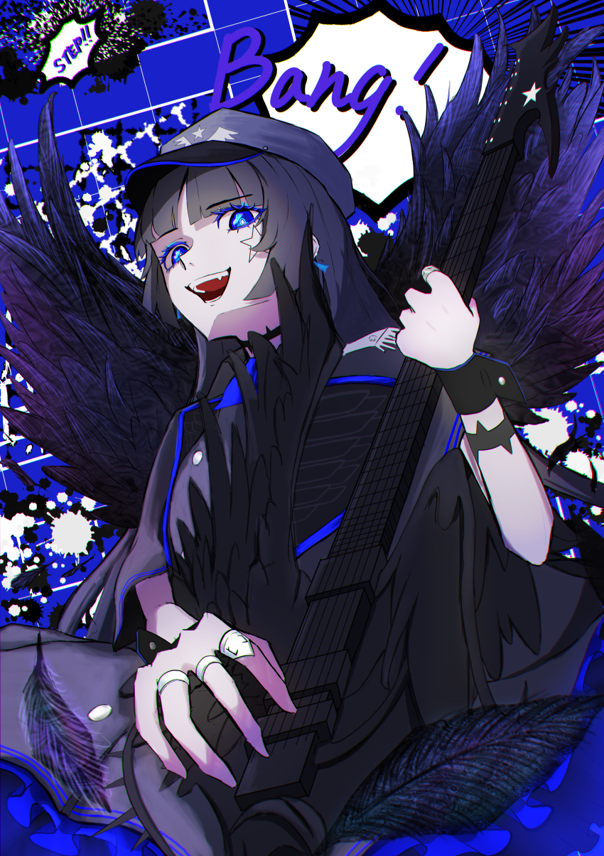 1girl, :d, absurdres, ado_(utaite), black_feathers, black_hair, black_wings, blue_background