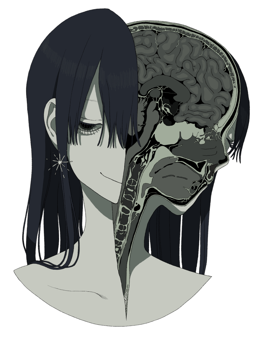 1girl, black_eyes, black_hair, brain, close-up, collarbone, earrings, exposed_brain