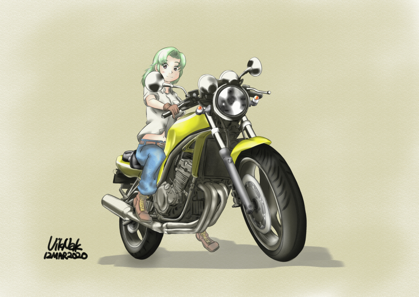 1girl, ankle_boots, blue_pants, boots, brown-eared_bulbul, brown_boots, brown_gloves, collared_shirt