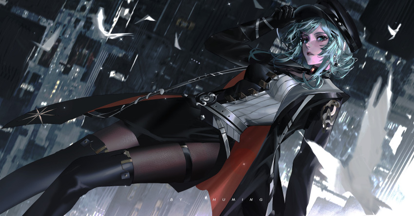 1girl, adjusting_clothes, adjusting_headwear, aqua_eyes, aqua_hair, artist_name, belt, belt_buckle