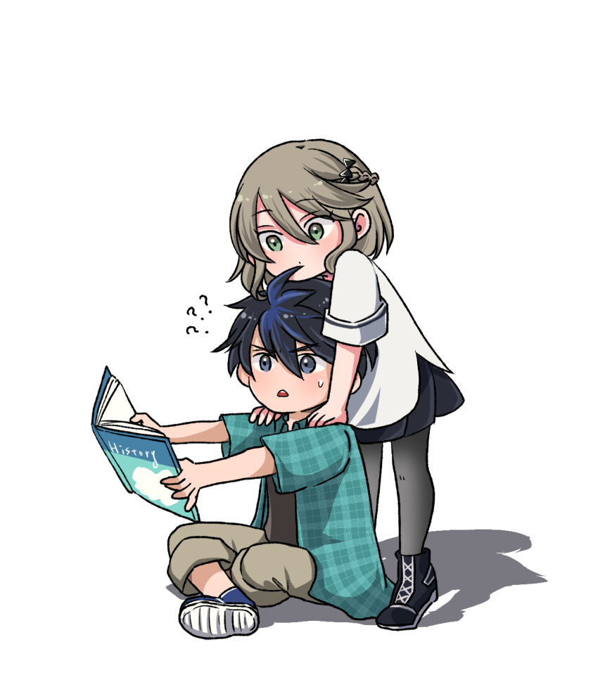 1boy, 1girl, ?, ??, aged_down, black_skirt, blue_eyes, blue_hair